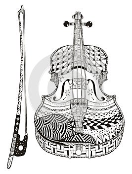 Violin with bow. Zentangle stylized. Pattern. Vector