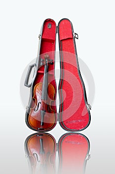 Violin and case on white background
