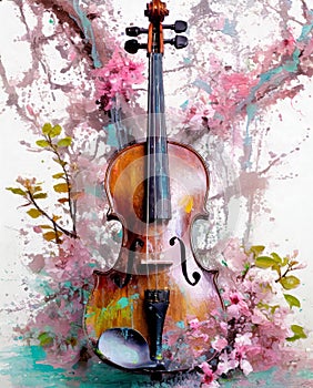 a violin on cherry blossom background