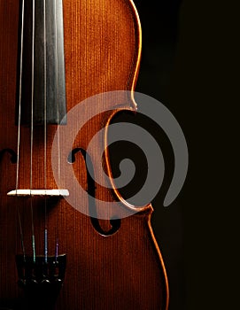 Violin close up against black