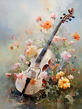 Violin among the flowers. Oil painting in impressionism style