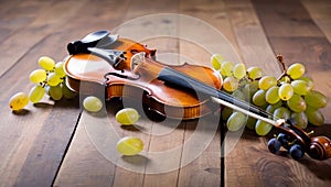 violin with grapes on wooden floor