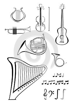 Violin, guitar, lyre, French horn, trumpet, harp a