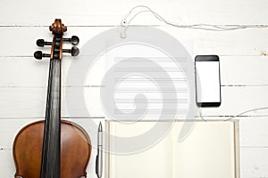 Violin with keyboard computer music paper note and smart phone