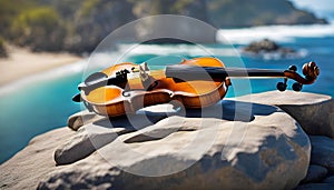 the violin lies on a stone against the backdrop of the azure sea with a white sailboat, the concept of classical music,