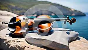 the violin lies on a stone against the backdrop of the azure sea with a white sailboat, the concept of classical music,