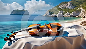 the violin lies on a stone against the backdrop of the azure sea with a white sailboat, the concept of classical music,