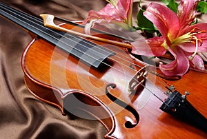 Violin and lily on a silk background