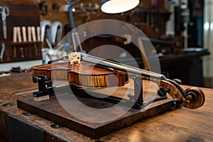 Violin after the luthiery under the lamps on a workshop with restoration tools on the walls