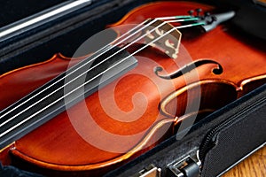 Violin music instrument of orchestra closeup