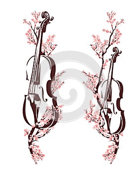 violin music instrument among sakura tree blossom branches vector design set