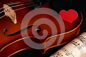 Violin, music notes and red hearts