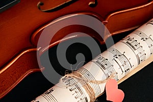 Violin, music notes and red hearts