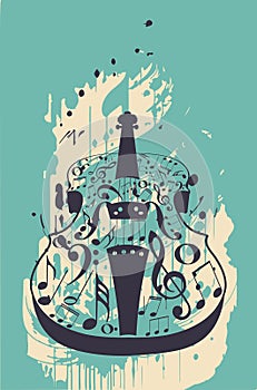 Violin with music notes and splatters