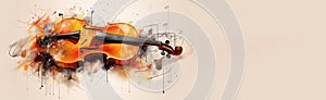 Violin and music sheet illustration, banner for orchestra concert and classical music event