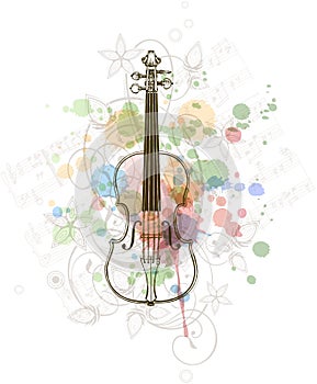 Violin, music sheets on the color paint