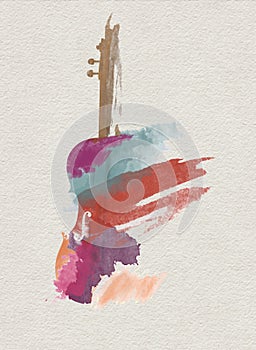 A violin musical instrument is seen in an abstract watercolor painting