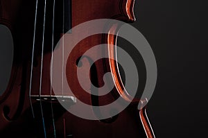 Violin musical instruments of orchestra closeup on black.