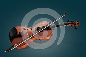 Violin musical instruments of orchestra closeup on blue