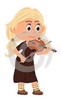 Violin musician. Young girl playing for orchestra concert