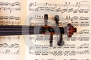 Violin neck over a music score sheet