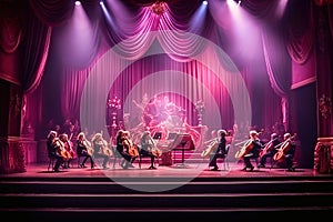 Violin orchestra on the stage of the theater. The big stage is flooded with purple light.