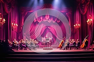 Violin orchestra on the stage of the theater. The big stage is flooded with purple light.