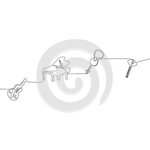 violin piano Acoustic guitar Mandolin One continuous line drawing of traditional Percussion music instruments concept single line