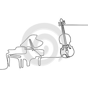 Violin and piano one line cartoon illustration of musical instruments orchestra