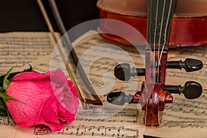 A violin, red rose and sheet music