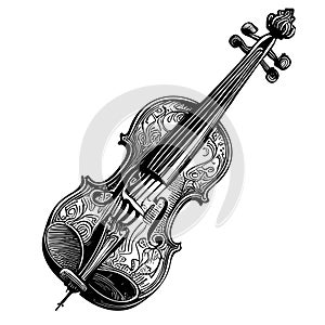 Violin retro musical instrument hand drawn sketch Vector illustration