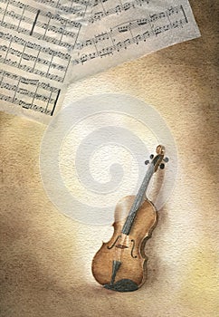 Violin and score - watercolor