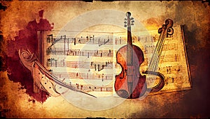 Violin and sheet music score book background with an abstract vintage distressed retro texture