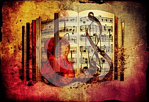 Violin and sheet music score book background with an abstract vintage distressed retro texture