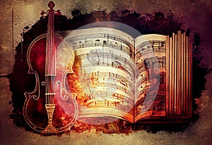 Violin and sheet music score book background with an abstract vintage distressed retro texture