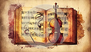 Violin and sheet music score book background with an abstract vintage distressed retro texture