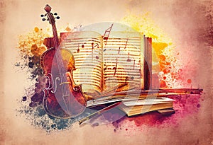 Violin and sheet music score book background with an abstract vintage distressed retro texture