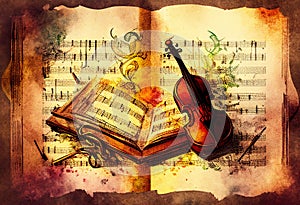 Violin and sheet music score book background with an abstract vintage distressed retro texture