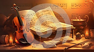 Violin and sheet music score book background