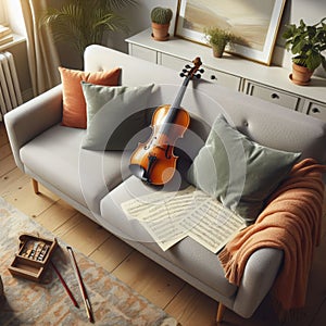 Violin sits on sofa, in home, during practice session