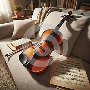 Violin sits on sofa, in home, during practice session