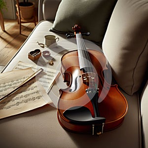 Violin sits on sofa, in home, during practice session