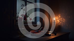a violin sitting on a table in front of a window