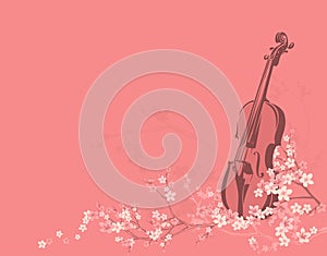 violin and spring season cherry blossom flowers vector copy space background