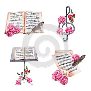 Violin, string instrument, treble clef, music stand, sheet music, rose flowers. Collection of classical music hand drawn design