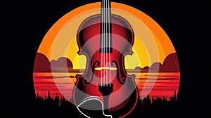 a violin with the sun setting in the background and a person\'s hand holding the strings up to the vi