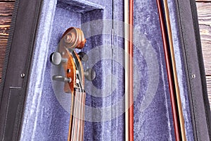 Violin in velvet case close up.