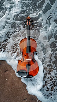 Violin washed ashore on a sandy beach