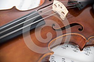 Violin on white background from an unfocused sheet music.