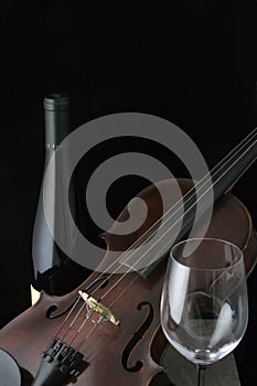 Violin with Wine Bottle and glass